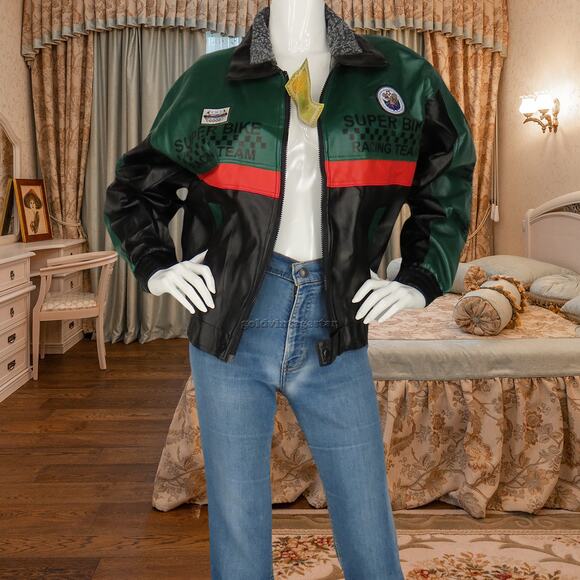 Vintage Faux Leather Racing Team Bomber Jacket XL - Picture 6 of 13